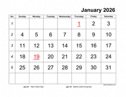 Monthly 2026 calendar with large font design, landscape orientation (horizontal)