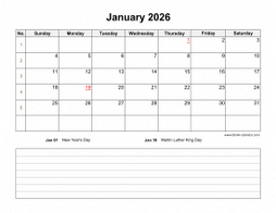 Blank Calendar 2026 (12 pages, horizontal, space for notes)