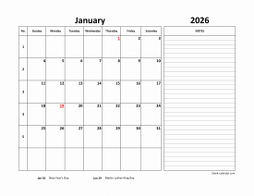 Monthly 2026 calendar with week numbers, space for notes on the right