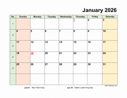 Monthly 2026 calendar with space for notes