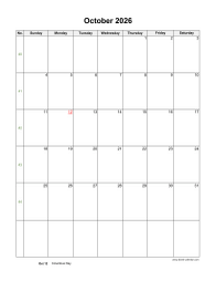 October 2026 Blank Calendar (US Holidays, vertical)