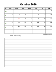 October 2026 Blank Calendar (vertical, space for notes)
