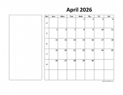 April 2026 printable calendar, large box, space for notes