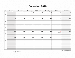 Printable December 2026 Calendar, large box grid, space for notes (horizontal)
