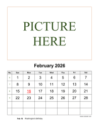 Printable February 2026 Calendar, pictures can be placed at the top