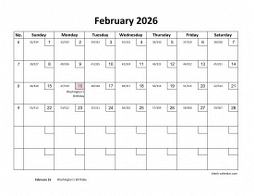 Printable February 2026 Calendar with check boxes (horizontal)