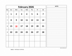 Printable February 2026 Calendar, large space for appointment and notes (horizontal)