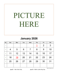 Printable January 2026 Calendar, pictures can be placed at the top