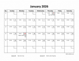 Printable January 2026 Calendar with check boxes (horizontal)
