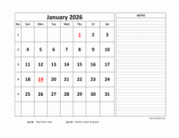 Printable January 2026 Calendar, large space for appointment and notes (horizontal)