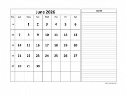 June 2026 printable calendar, large space for appointment and notes