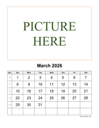 March 2026 printable calendar, pictures can be placed at the top