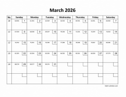 March 2026 printable calendar with check boxes