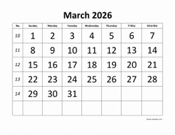 March 2026 printable calendar, large font design