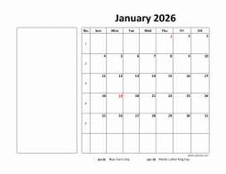 Printable Calendar 2026, large box, Federal Holidays listed, space for notes (12 pages, horizontal)
