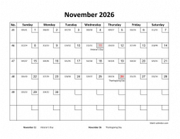 Printable November 2026 Calendar with check boxes (horizontal)