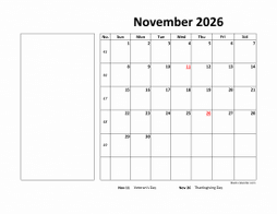 Printable November 2026 Calendar, large box, Federal Holidays listed, space for notes (horizontal)