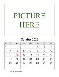 Printable October 2026 Calendar, pictures can be placed at the top