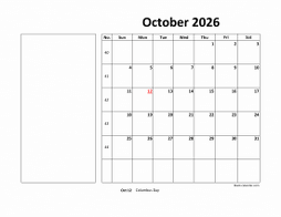 Printable October 2026 Calendar, large box, Federal Holidays listed, space for notes (horizontal)