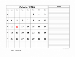 October 2026 printable calendar, large space for appointment and notes
