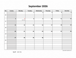 Printable September 2026 Calendar, large box grid, space for notes (horizontal)