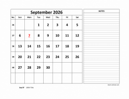 September 2026 printable calendar, large space for appointment and notes