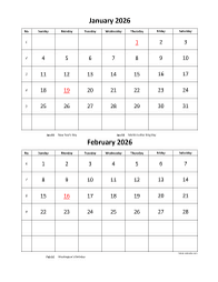 Printable Calendar 2026, 2 months per page, 6 pages (vertical)