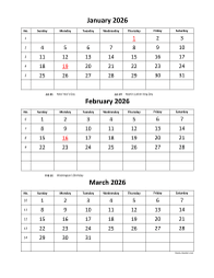 Free Download Printable Calendar 2026, 3 months per page, 4 pages ...