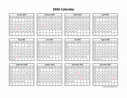 Printable Calendar 2026, Clean Design, Yearly Planner (one page, horizontal)