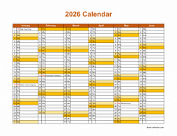 Printable Calendar 2026, month in a column (two pages, half a year per page, horizontal)