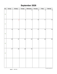 September 2026 Blank Calendar (US Holidays, vertical)