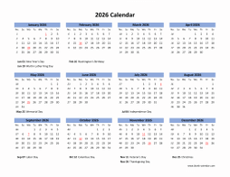 Blank Calendar 2026 (US Holidays, one page, horizontal)
