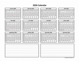 Blank Calendar 2026 (one page, horizontal, space for notes)