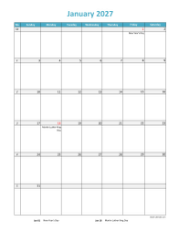 2027 Excel Calendar, full page table grid, US holidays (vertical)
