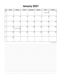 excel calendar 2027 space for notes