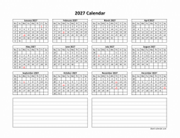 Yearly 2027 calendar template with space for notes