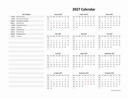 Yearly 2027 calendar with US holidays on the left