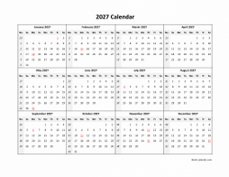 Yearly 2027 calendar template with simple design