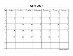 Blank Calendar for April 2027 (US Holidays, horizontal)