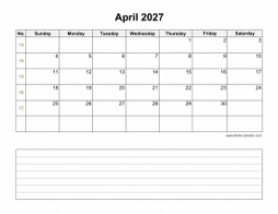 April 2027 Blank Calendar (Space for Notes, horizontal)