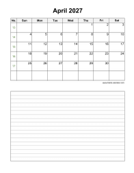April 2027 Blank Calendar (Space for Notes, Vertical)