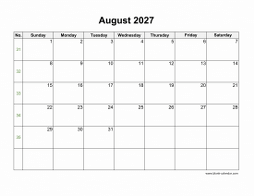 Blank Calendar for August 2027 (US Holidays, horizontal)