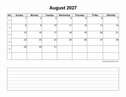 August 2027 Blank Calendar (Space for Notes, horizontal)