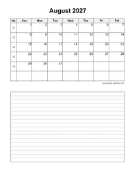 August 2027 Blank Calendar (Space for Notes, Vertical)
