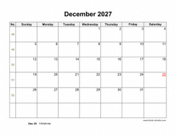 Blank Calendar for December 2027 (US Holidays, horizontal)