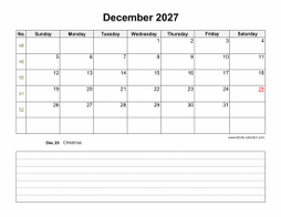 December 2027 Blank Calendar (Space for Notes, horizontal)