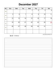 December 2027 Blank Calendar (Space for Notes, Vertical)