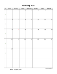 February 2027 Blank Calendar (US Holidays, vertical)
