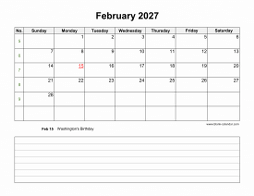 February 2027 Blank Calendar (horizontal, space for notes)