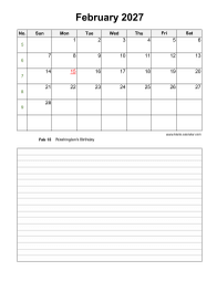 February 2027 Blank Calendar (Space for Notes, Vertical)